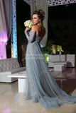 Off-the-Shoulder Long Sleeves Beaded Lace Prom Evening Dress