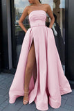 Candy Pink Strapless High Slit Satin Formal Dress