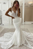 Ivory Deep V-neck Mermaid Applique Lace Bridal Wedding Dress