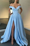 Light Sky Blue Off Shoulder High Slit Formal Gown