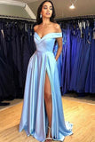 Chic Light Sky Blue Off-the-shoulder High Slit Prom Dress