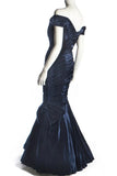 Dark Navy Velvet Mermaid Ruffled Off-the-shoulder Prom Dress