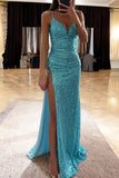 Blue V-neck High Slit Sequined Prom Dress Evening Gown