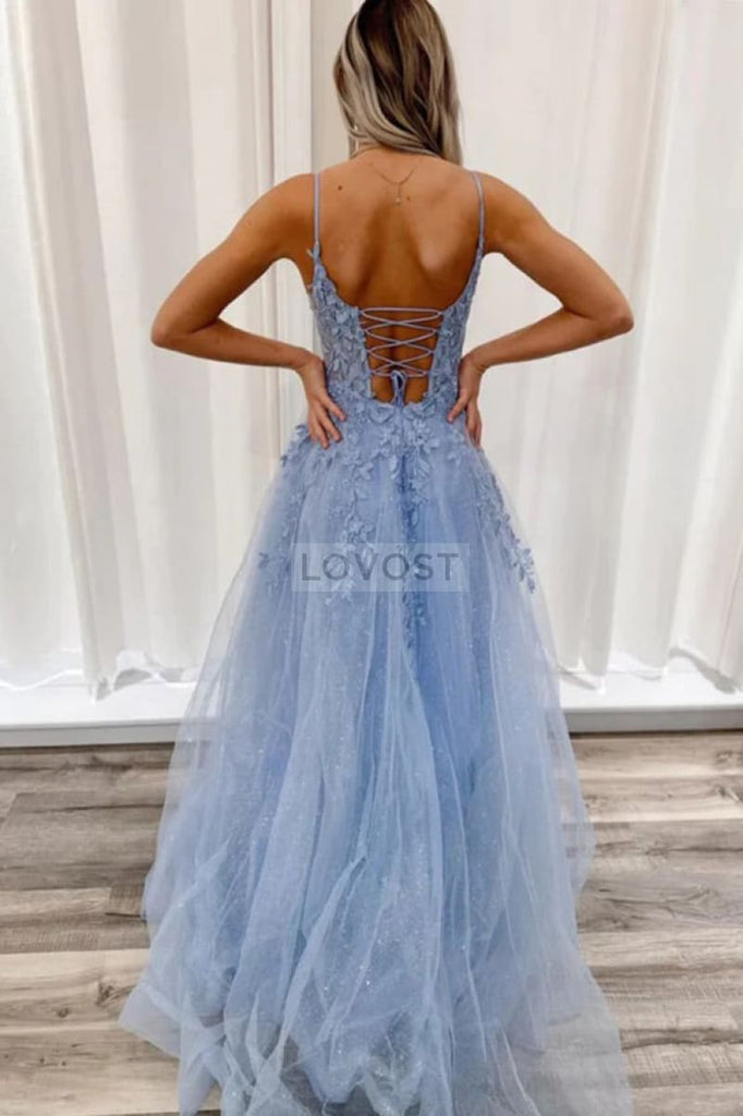 Sky Blue Plunging Applique A-line Prom Dress Evening Gown – Lovost