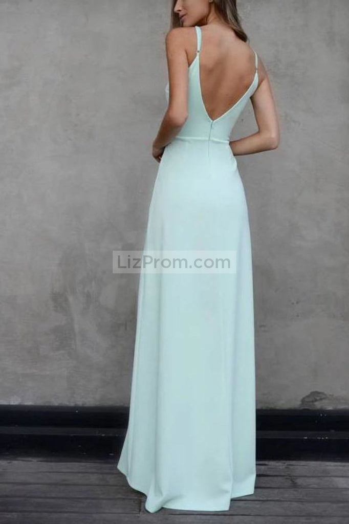Simple Mint A-Line Two Slit V-Neck Open Back Long Prom Dress Dresses
