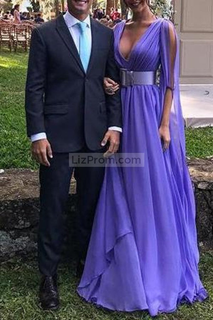 Regency Deep V-Neck A-Line Belt Ruffled Party Prom Dress Dresses
