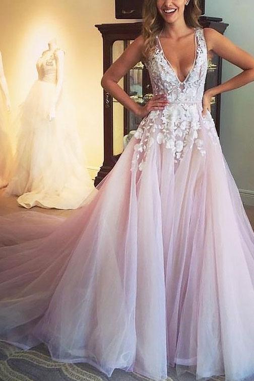 Pearl Pink A Line Deep V neck Sleeveless Applique Wedding Dress Lovost