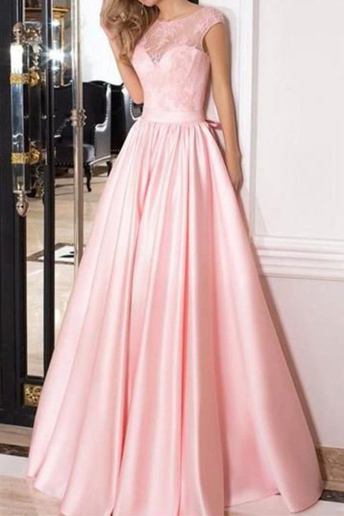 A-line Pink Lace Wedding Gown With Cap Sleeves