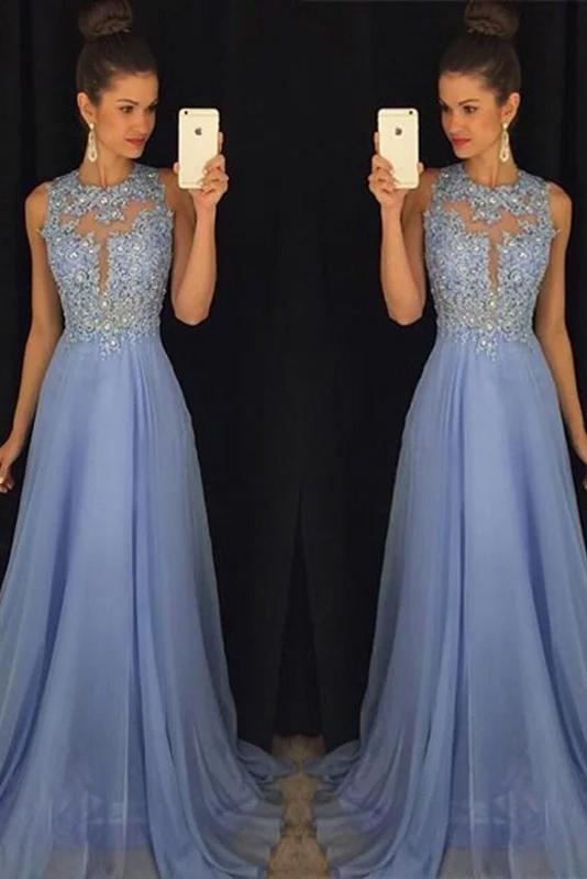 A-line Sleeveless Applique Scoop Chiffon Prom Dress