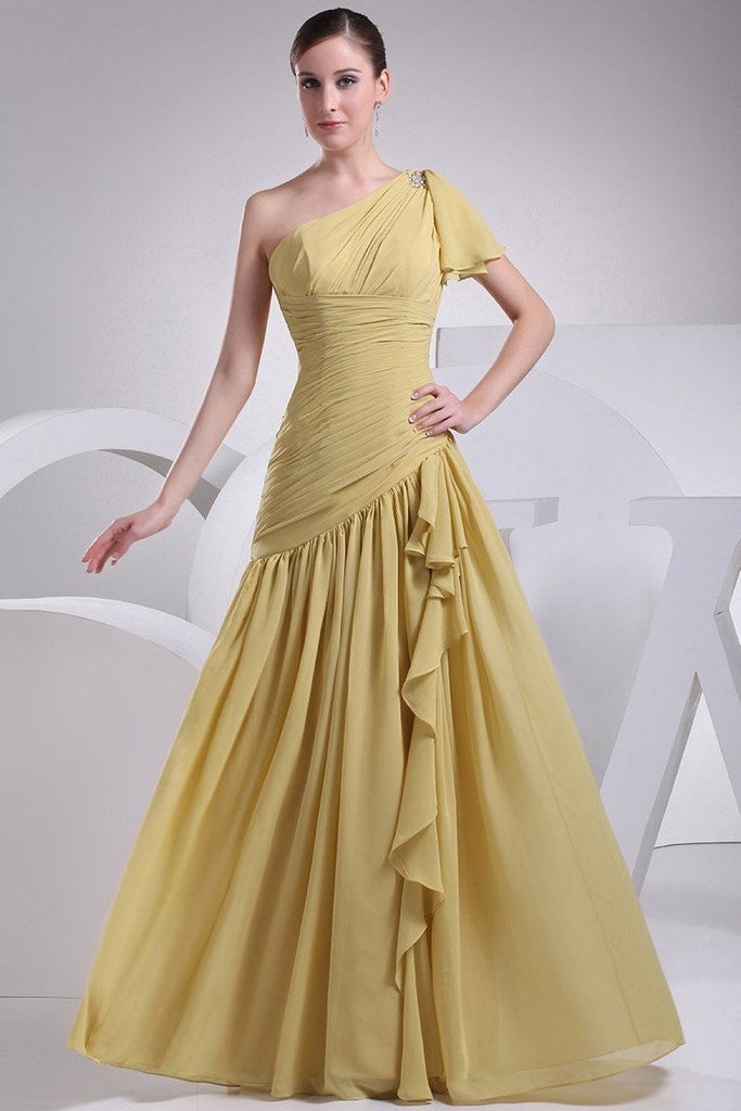 Gold Ruffled One Shoulder Floor Length Prom Dress – Lovost