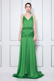 Green V-neck Celebrity Inspired Spaghetti Straps Ruffled Prom Dress