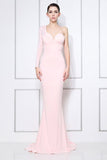 Pink One Sleeve V-neck Mermaid Long Prom Dress