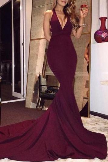 Backless Sexy Burgundy Low V-neck Evening Mermaid Formal Dress