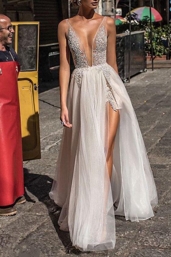 See Through Deep V-neck Wedding Dresses, Lace High Slit Sexy Wedding Dresses See Through Deep V-neck Wedding Dresses, Lace High Slit Sexy Wedding Dresses