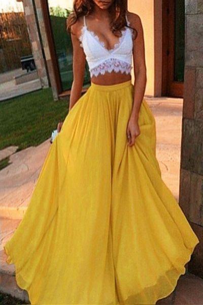 Sexy White And Yellow Two Piece Prom Dress Evening Gown Lovost